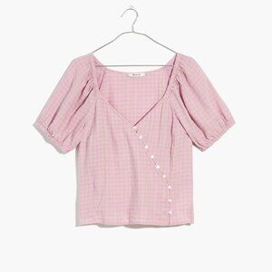 NWT $88 Linen-Blend Puff-Sleeve Top in Plaid Sweet Lavender Size Medium